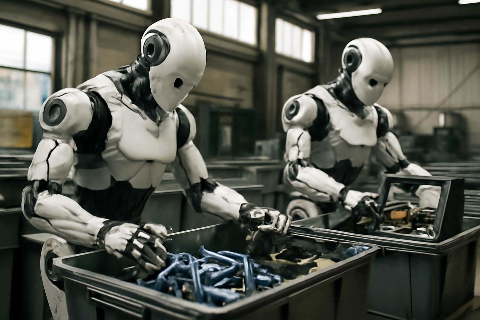 Robots avancés triant et démontant des batteries et composants d'onduleurs solaires dans une installation de recyclage moderne.