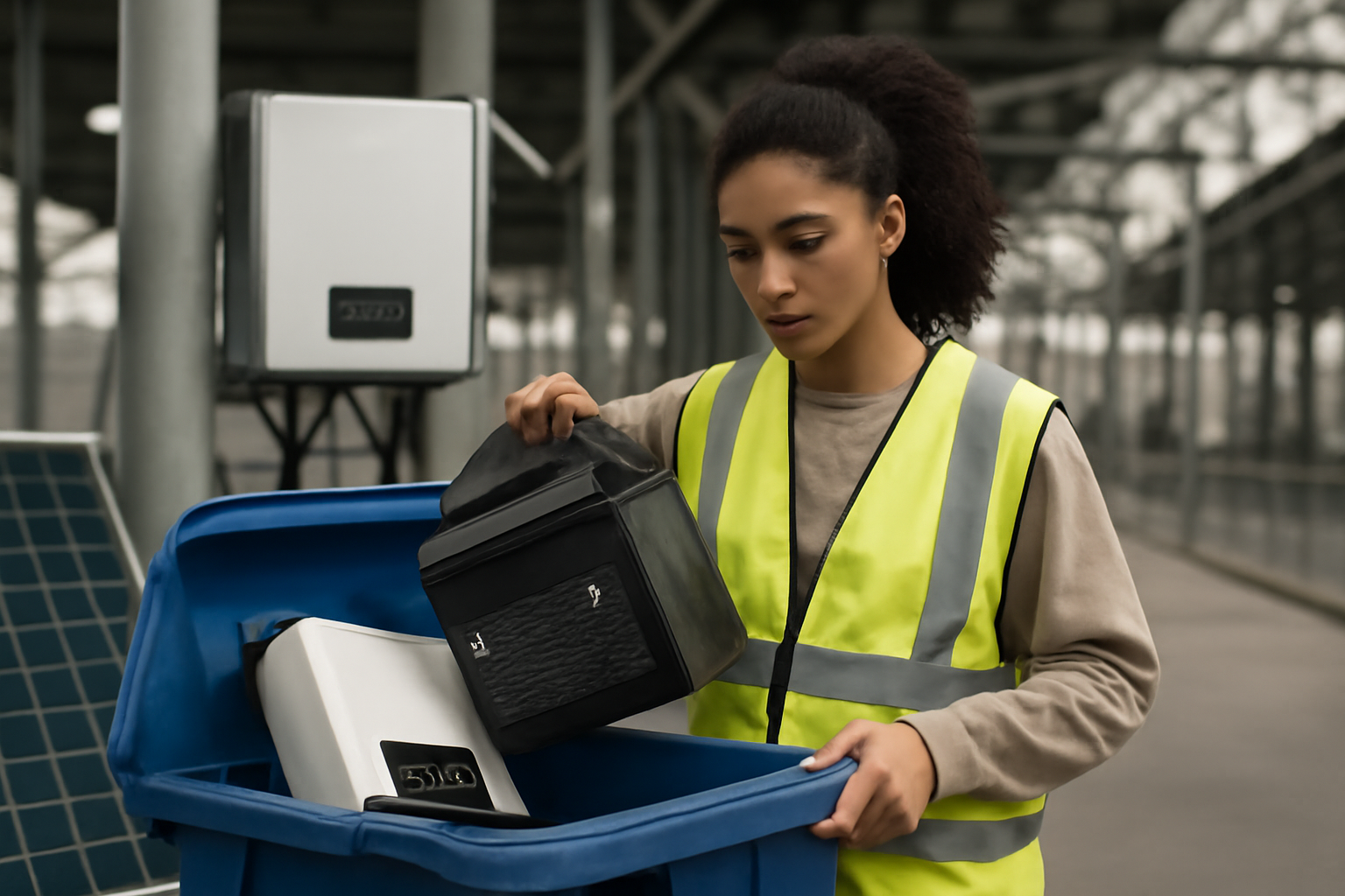 Image éditoriale illustrant le recyclage futuriste des batteries et onduleurs solaires dans un environnement industriel moderne.