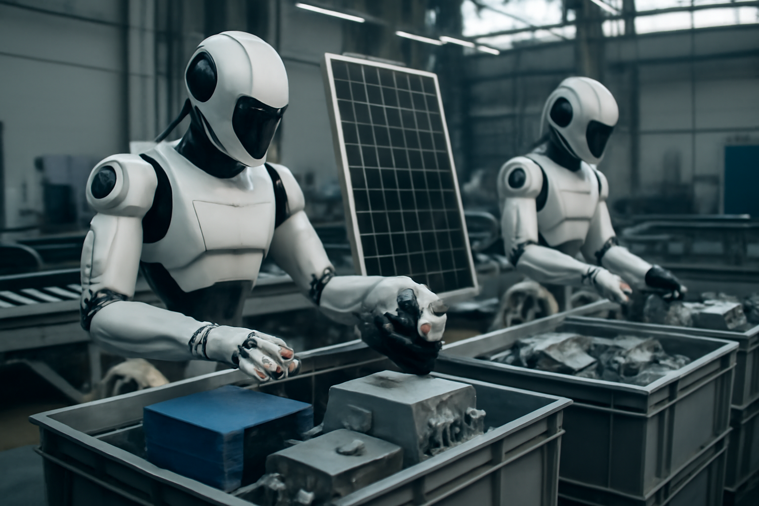 Robots de recyclage utilisant l'intelligence artificielle pour trier des batteries solaires et composants d'onduleurs dans une installation de recyclage high-tech.