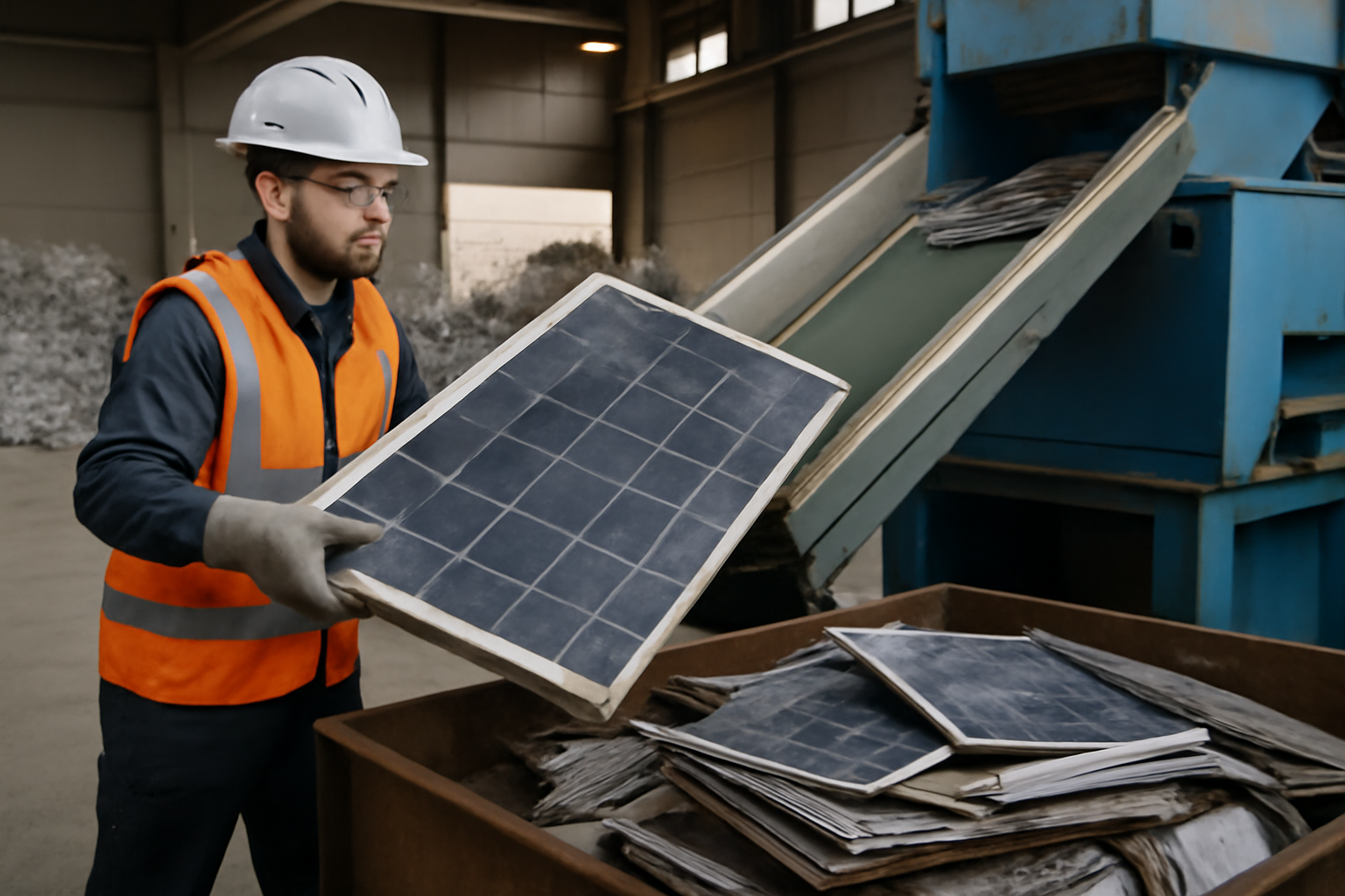 Image éditoriale montrant le processus de recyclage de panneaux solaires dans une installation spécialisée.