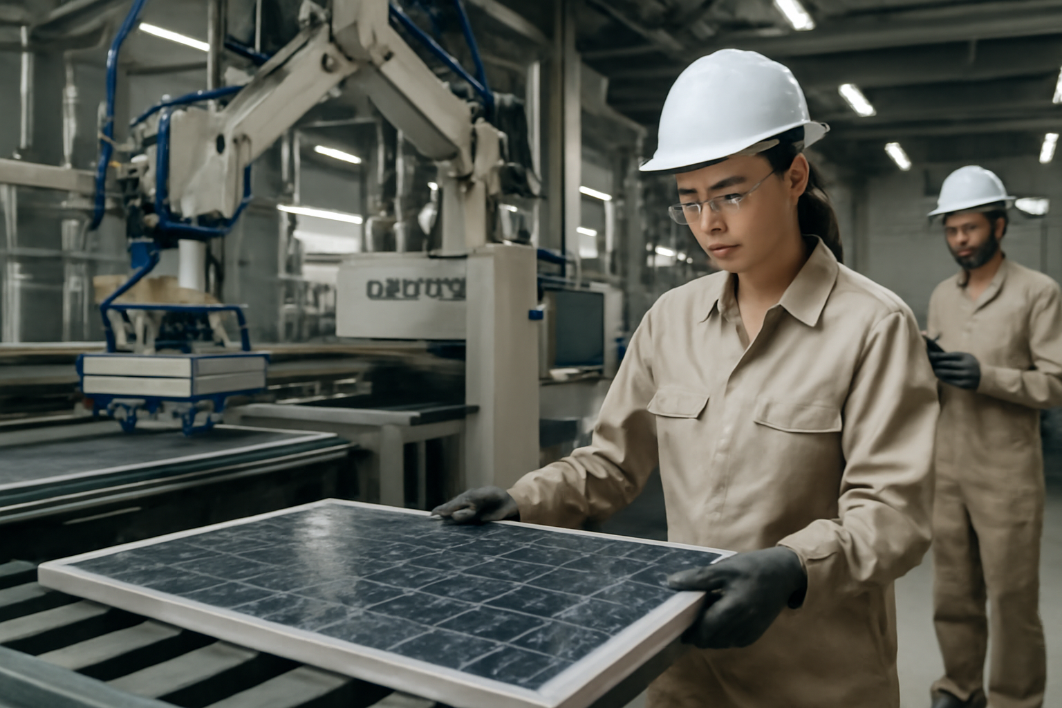 Usine de recyclage de panneaux solaires avec des machines avancées et des techniciens au travail dans un environnement industriel propre.