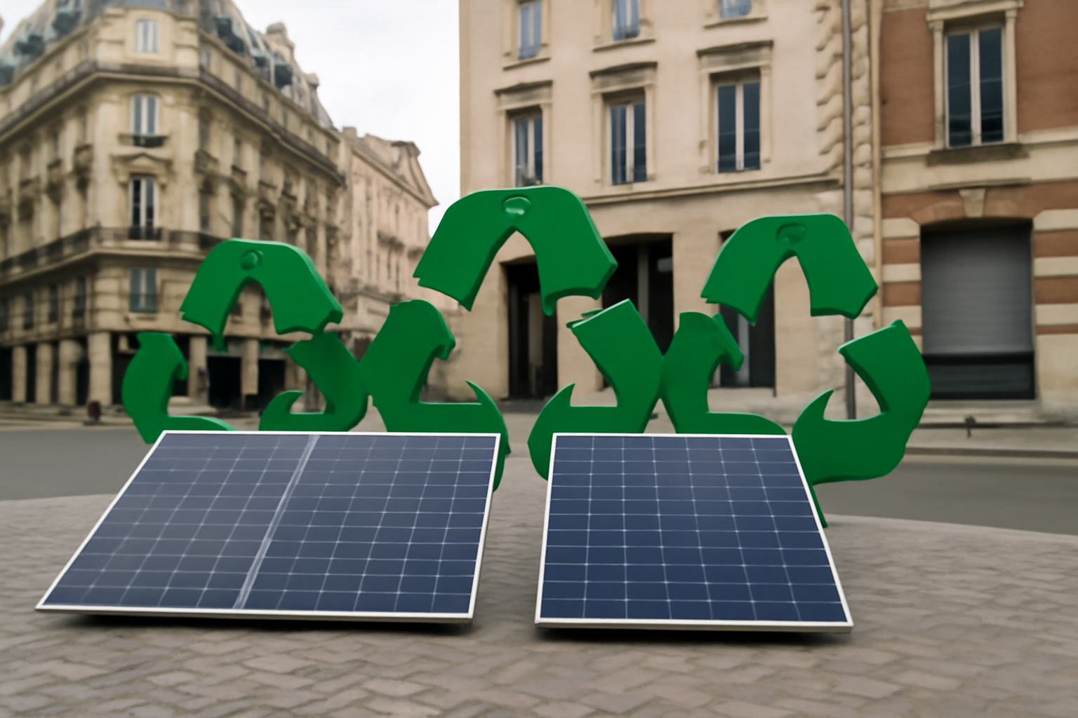 Image éditoriale illustrant les panneaux solaires et les symboles de recyclage dans un cadre urbain européen.