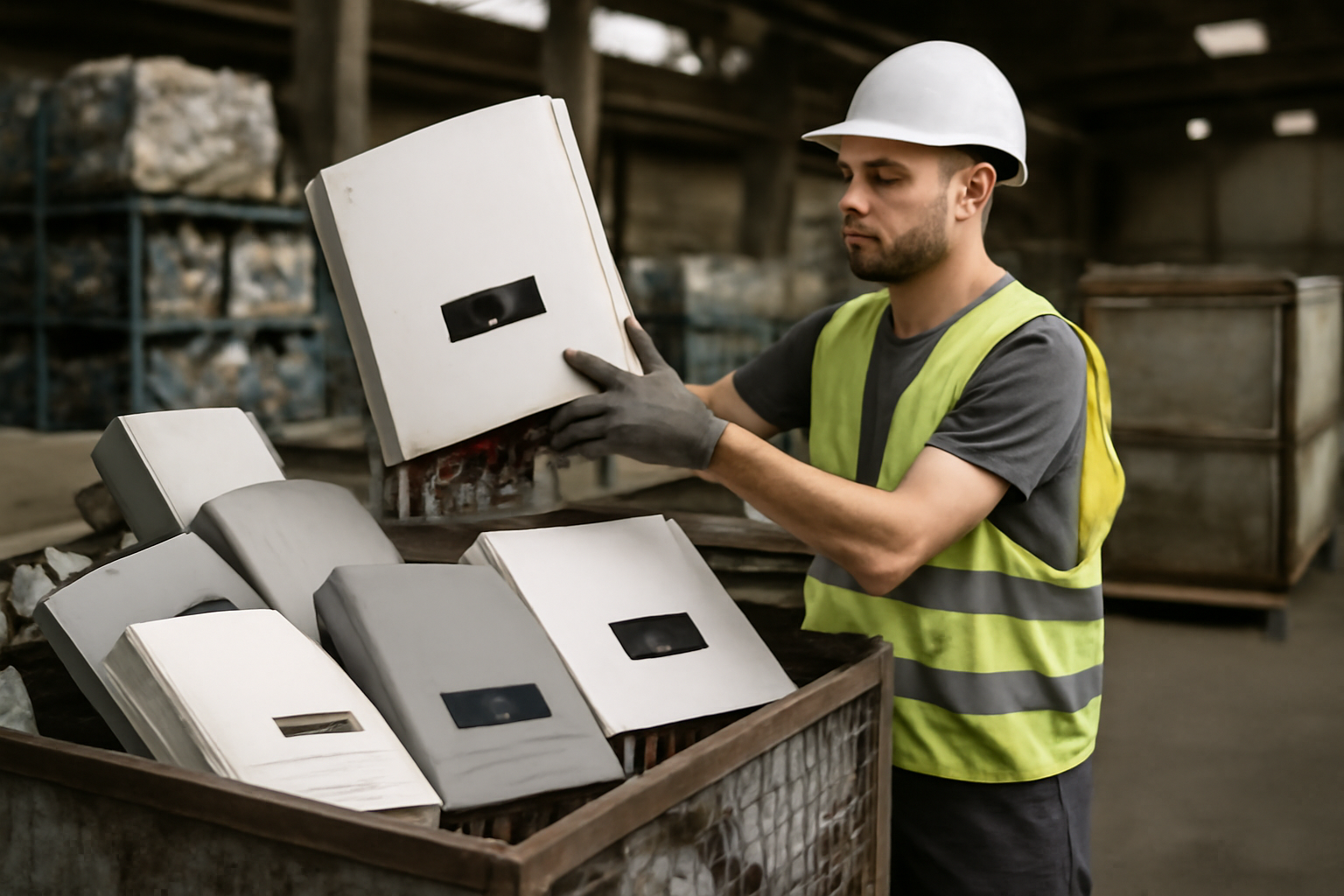 Image éditoriale montrant le recyclage des onduleurs solaires dans une usine de recyclage industrielle.