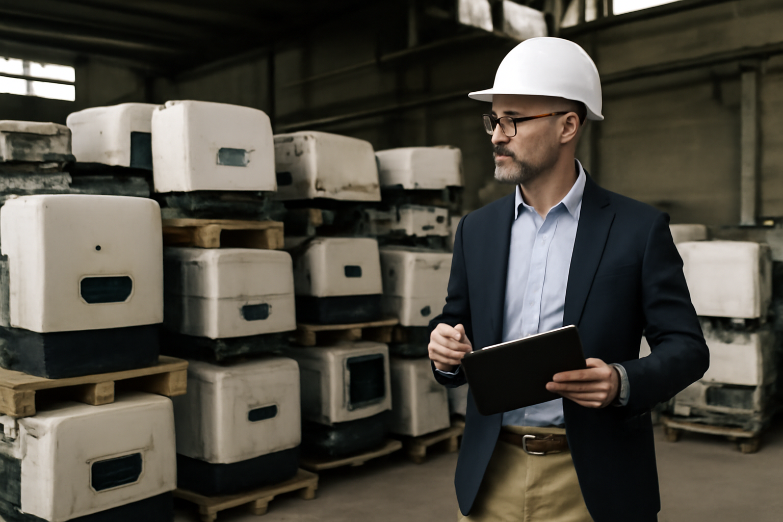 Un agent de contrôle en train d'inspecter une installation de recyclage d'onduleurs solaires, dans un cadre industriel.