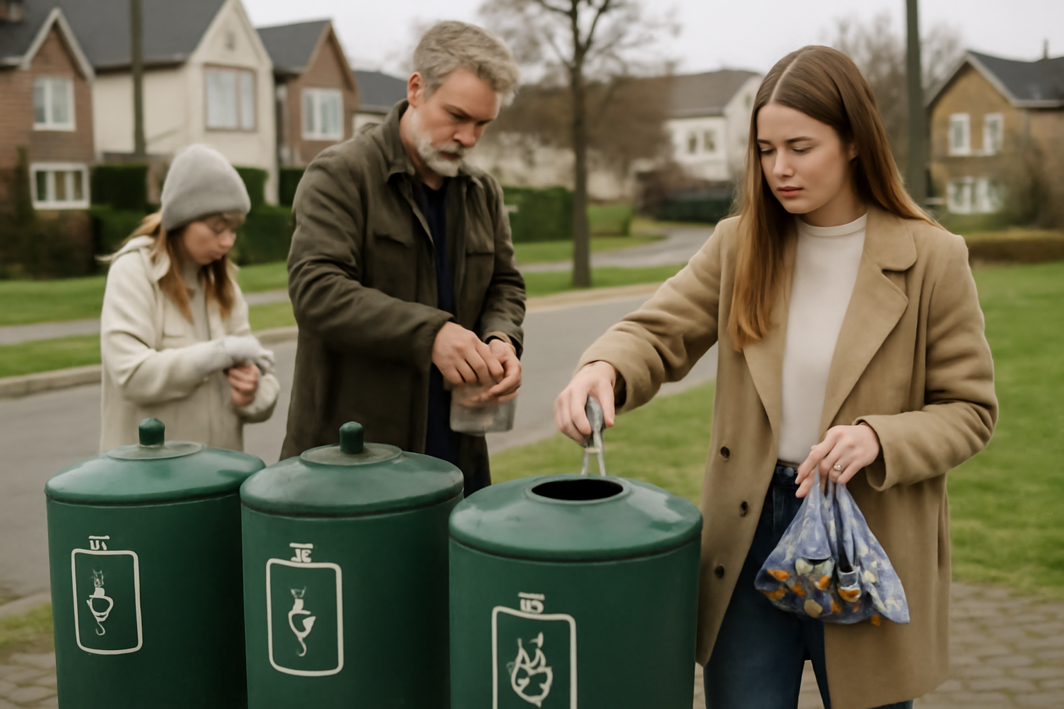 Points de collecte locaux de batteries dans une zone suburbaine avec des personnes triant des batteries, en journée, atmosphère neutre.