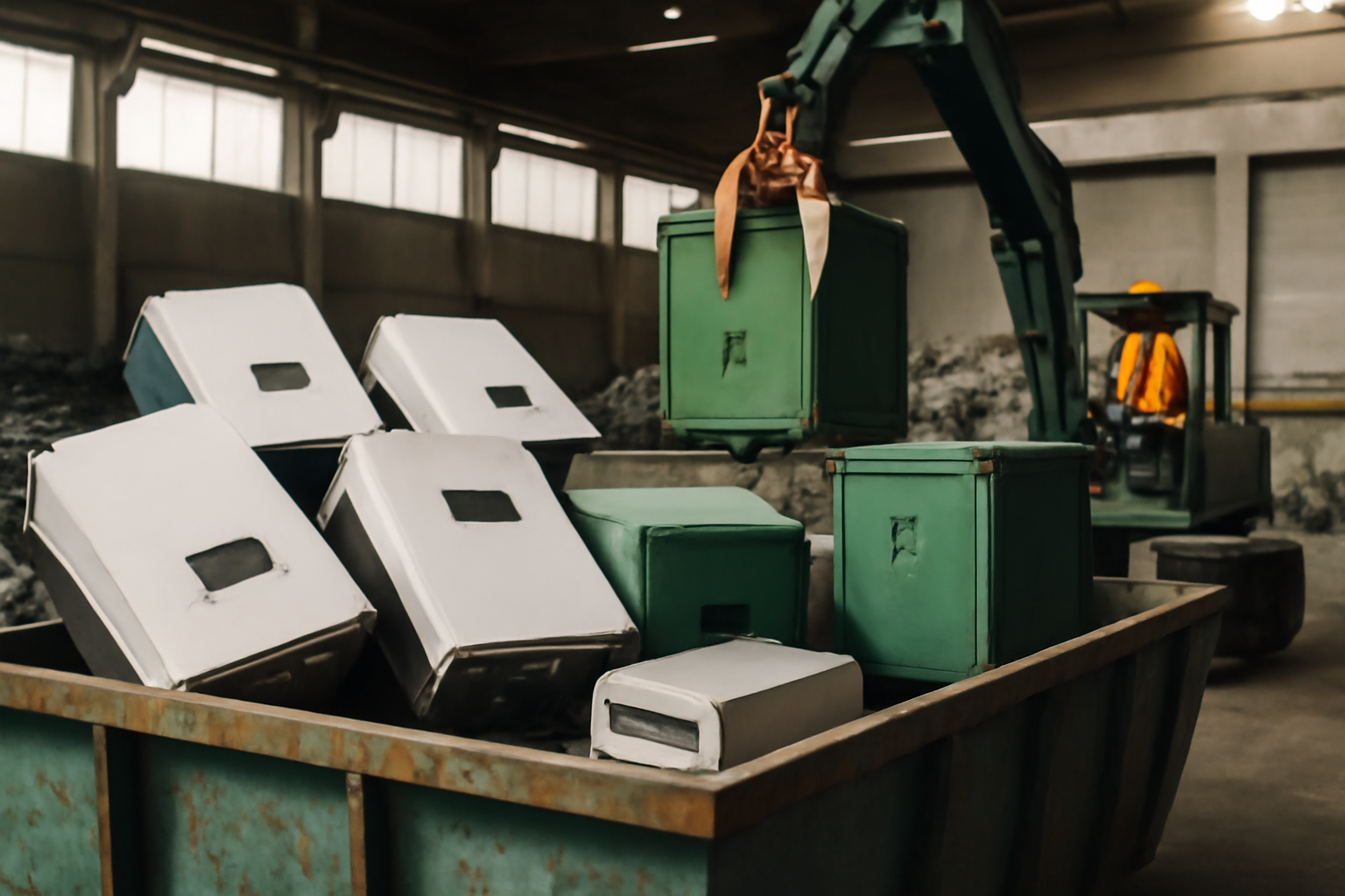 Image éditoriale montrant le processus de recyclage des batteries et onduleurs solaires dans une installation industrielle.
