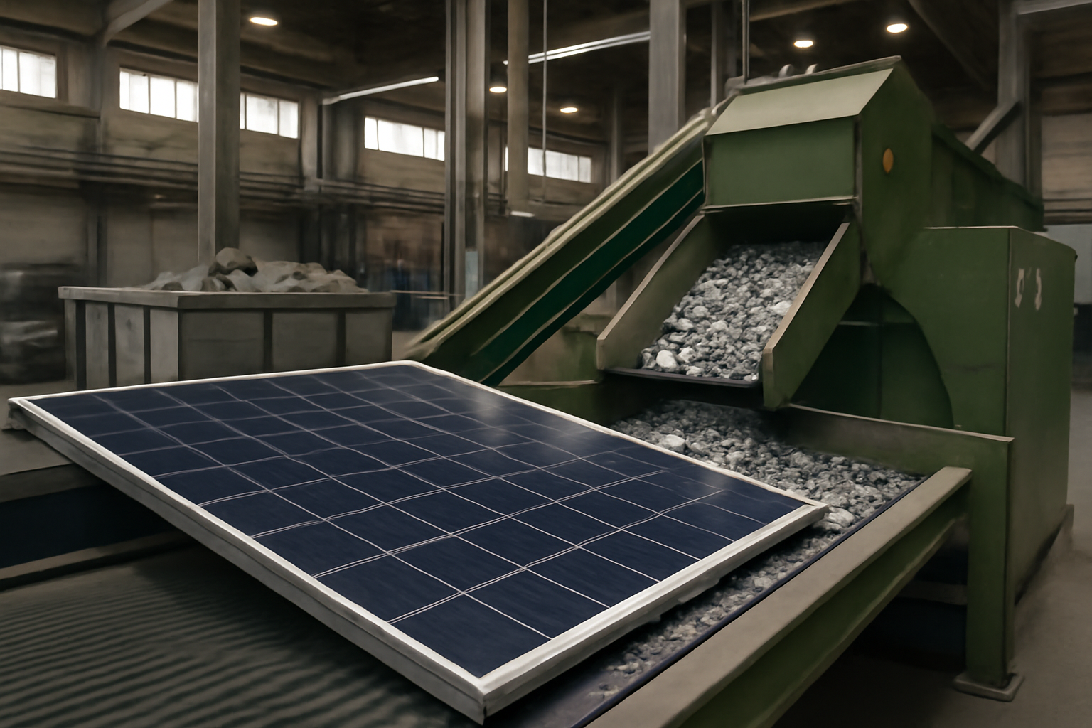 Image éditoriale illustrant le processus de recyclage des panneaux solaires dans une installation industrielle.