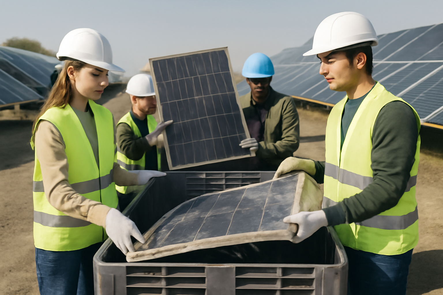 Consommateurs recyclant des panneaux solaires usagés dans une installation solaire propre.