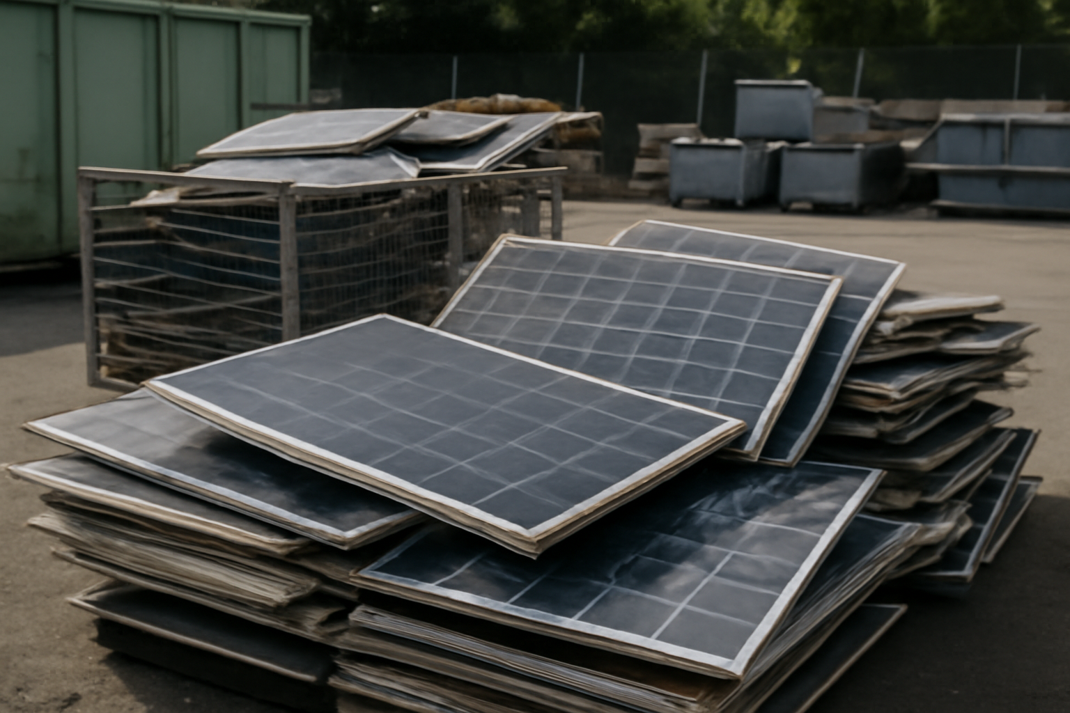 Image éditoriale montrant la collecte de panneaux solaires usagés dans un centre de recyclage.