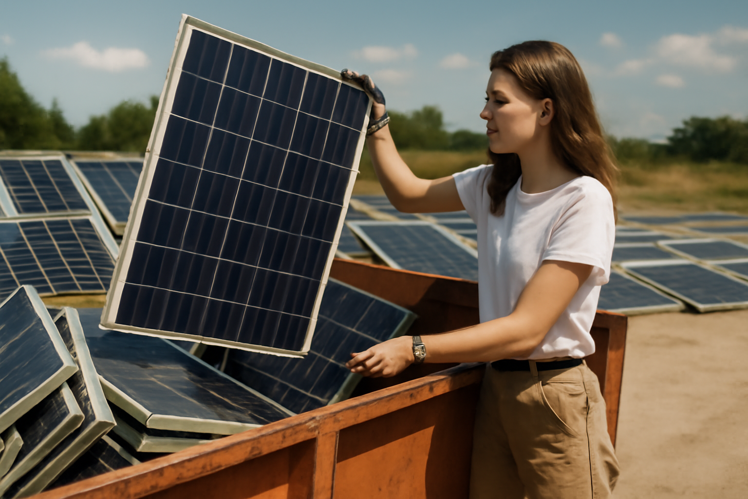 Photographie éditoriale montrant la collecte de panneaux solaires pour recyclage dans un cadre lumineux, évoquant la responsabilité des consommateurs dans la transition énergétique.