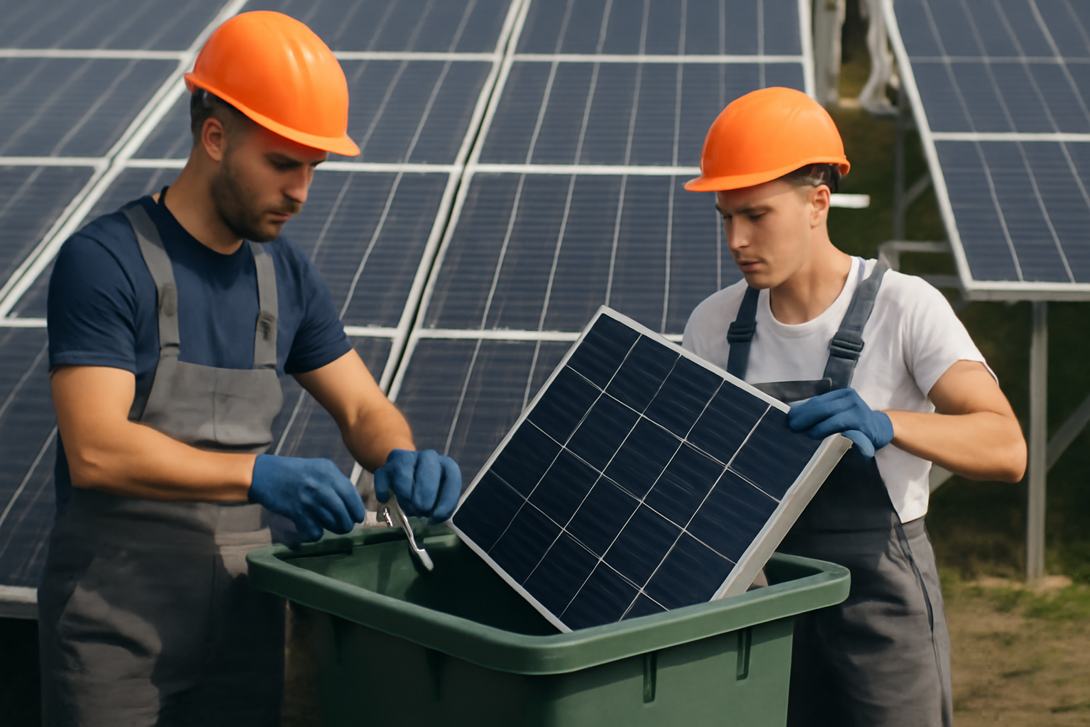 Installateurs solaires effectuant la maintenance et le recyclage des panneaux solaires, garantissant la durabilité des installations