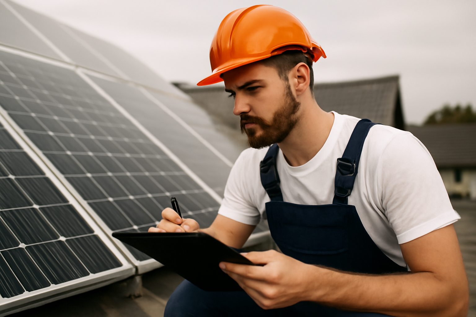 Un installateur effectuant une inspection minutieuse des panneaux solaires sur un toit, garantissant leur bon fonctionnement et leur maintenance.