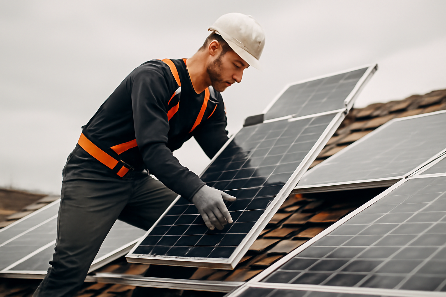 Installateur solaire démontant soigneusement des panneaux photovoltaïques sur un toit, durant la journée, atmosphère neutre.