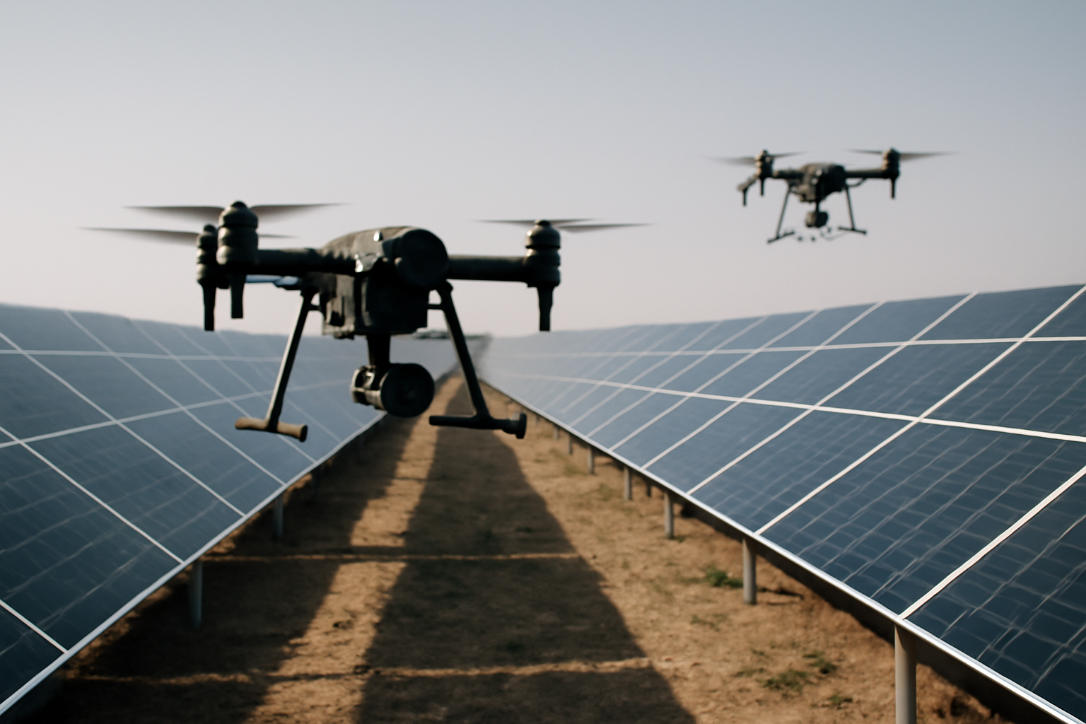 Drones utilisant l'intelligence artificielle inspectant des panneaux solaires dans un parc solaire.