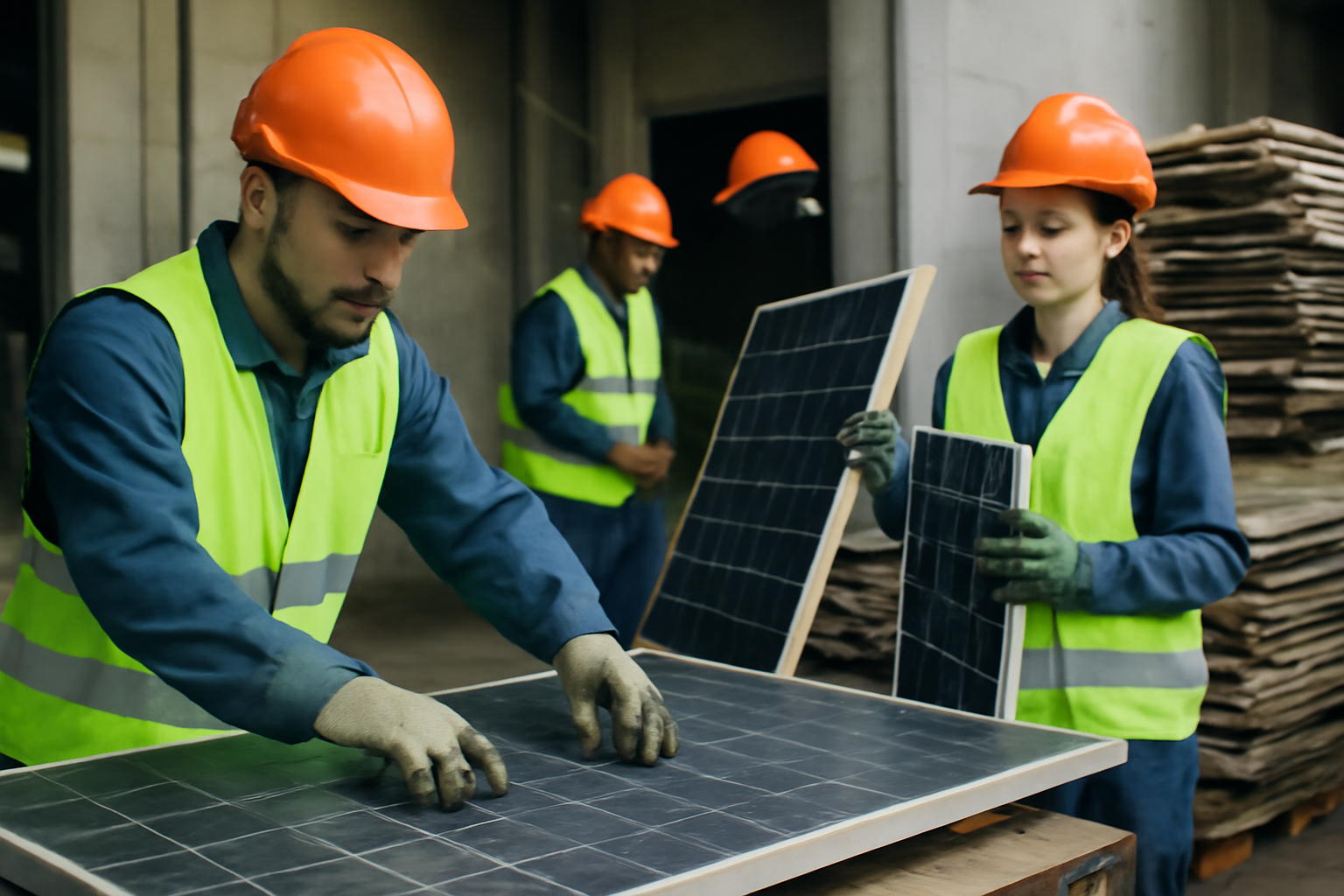 Installateurs solaires effectuant la maintenance et le recyclage des panneaux photovoltaïques dans un environnement industriel.