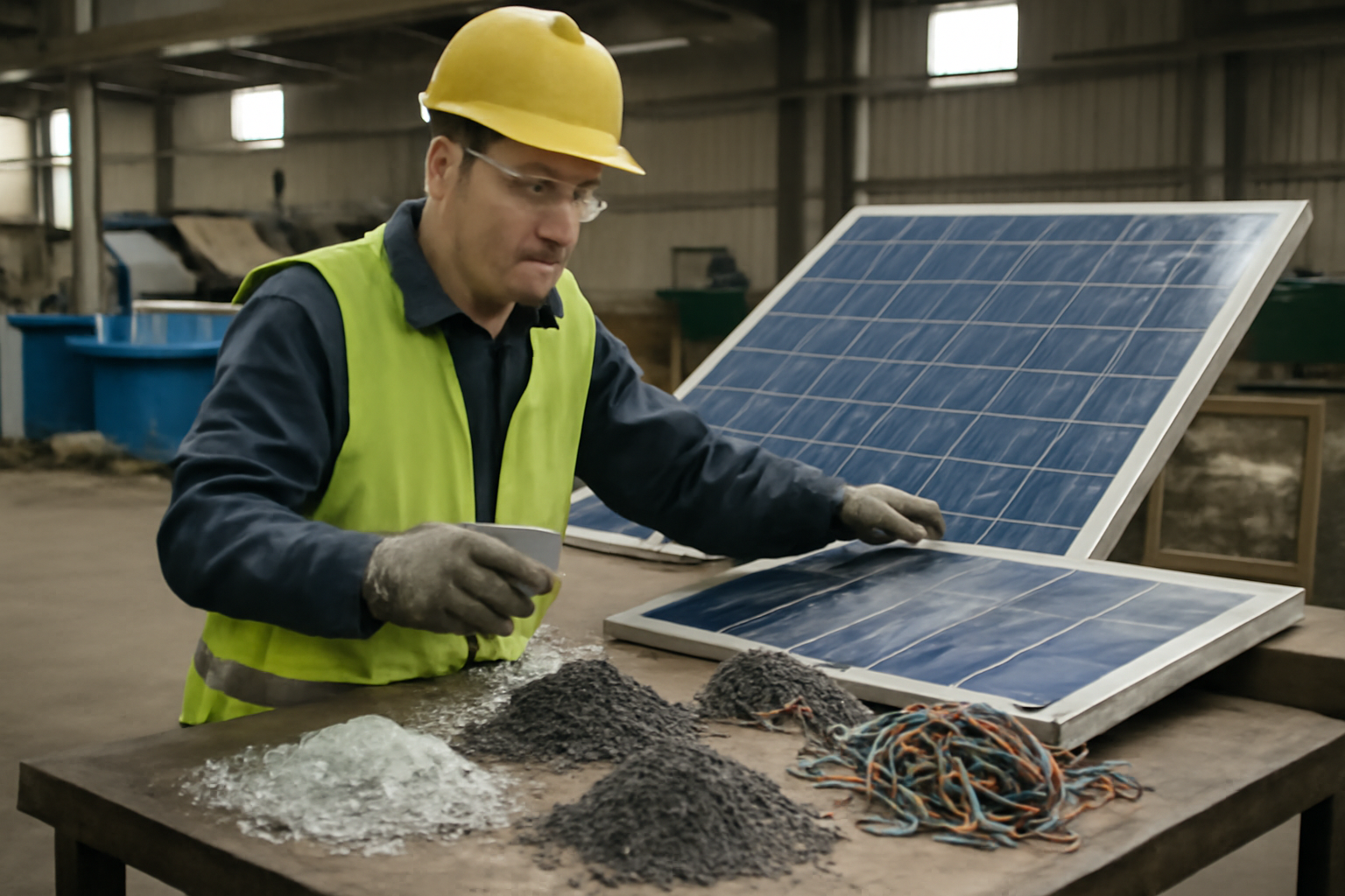Image éditoriale du processus de recyclage des panneaux photovoltaïques dans une installation industrielle