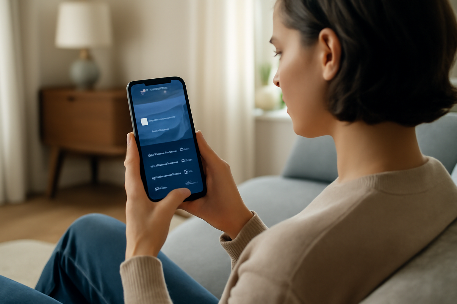 Utilisateur utilisant une application mobile pour diagnostiquer et gérer la santé de ses panneaux solaires à domicile.