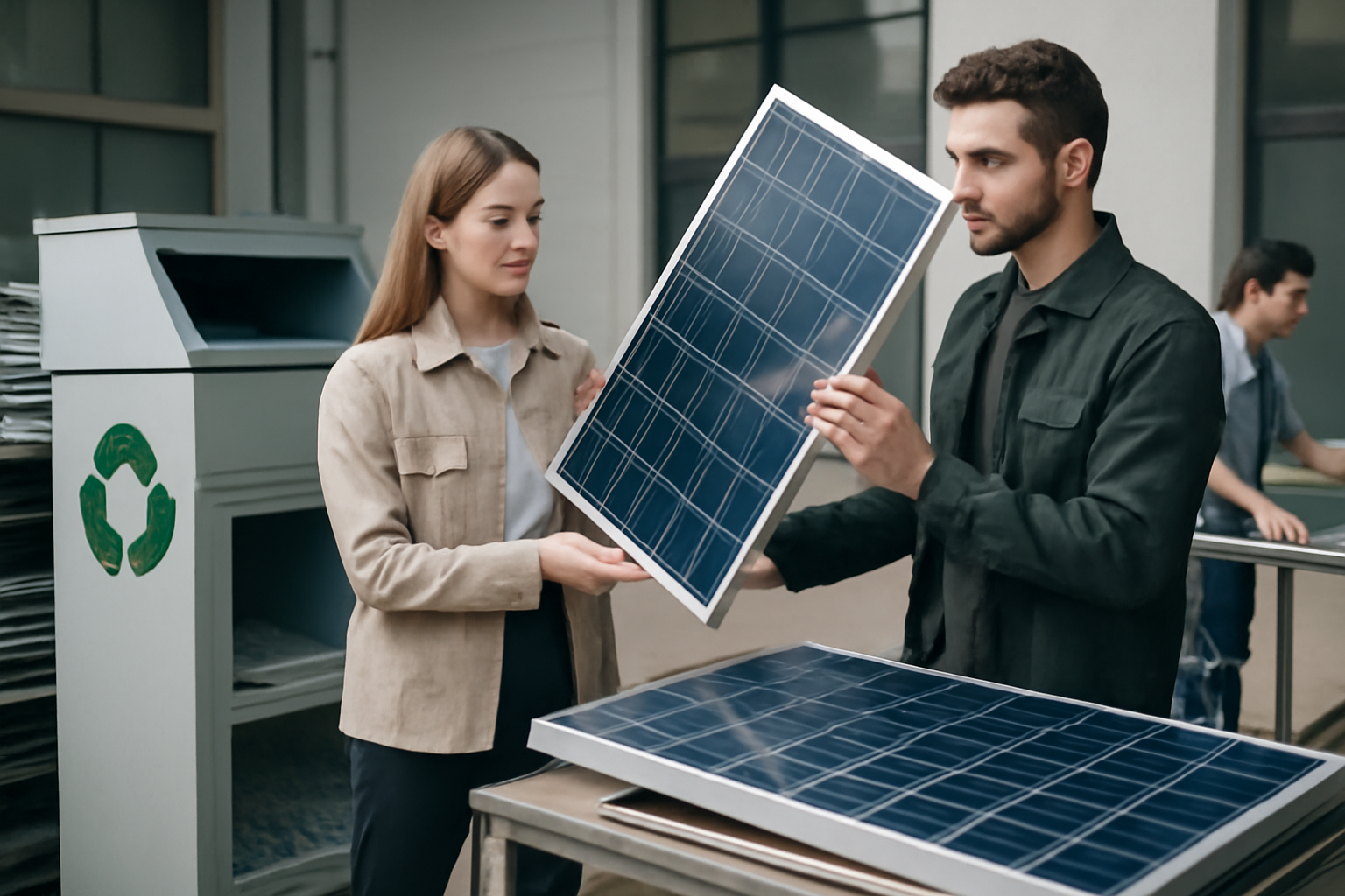 Image éditoriale illustrant des initiatives concrètes de recyclage de panneaux solaires avec des interactions d'utilisateurs et une organisation technologique.