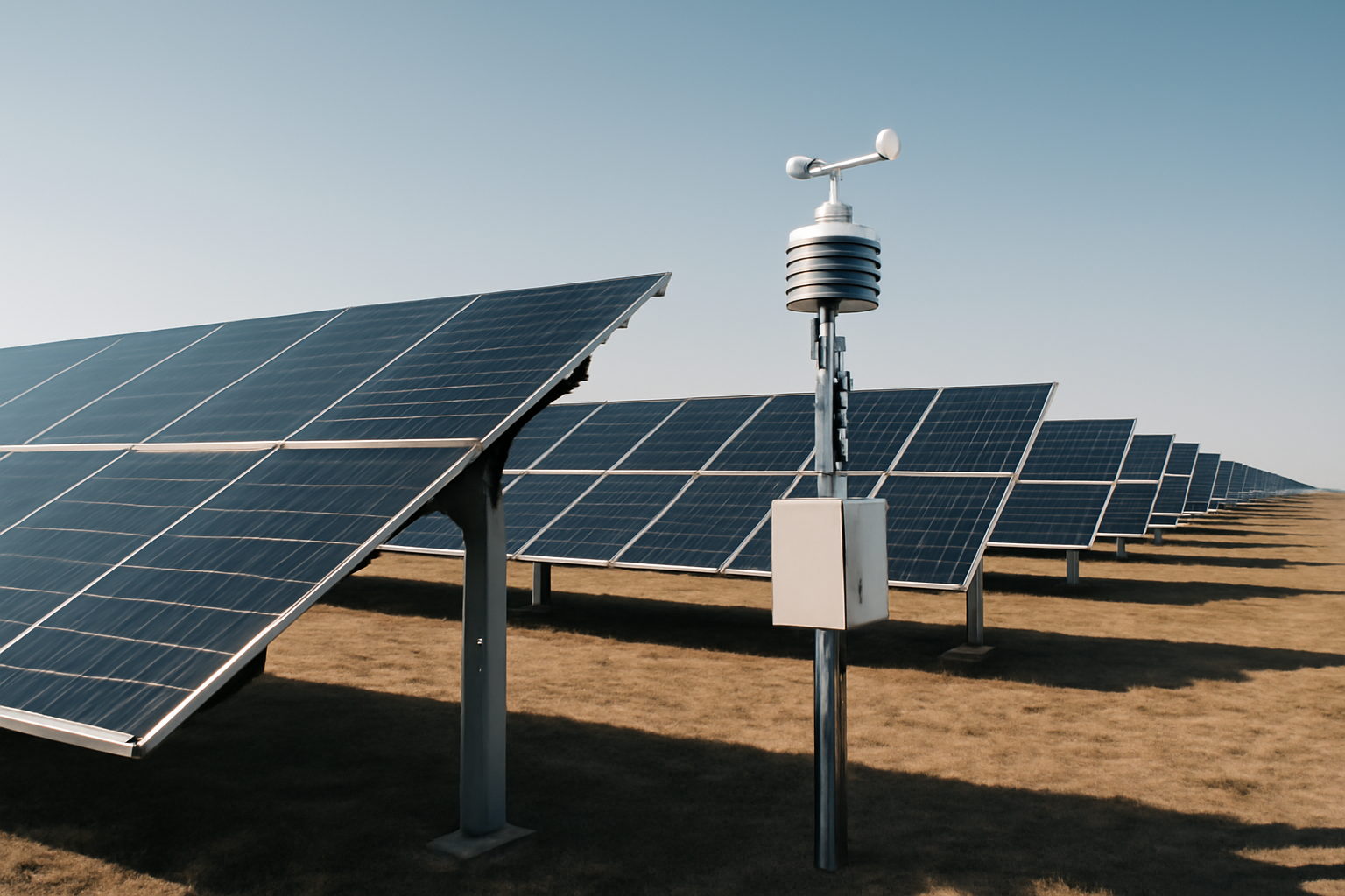 Photo éditoriale d'un grand parc solaire avec panneaux photovoltaïques et capteurs de surveillance, sous un ciel clair pendant la journée, pour illustrer la maintenance prédictive dans le secteur solaire.