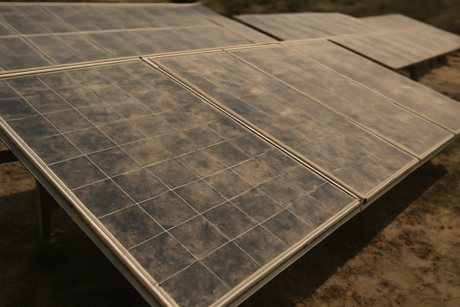 Panneaux solaires recouverts de poussière et de saleté, extérieurs, lumière naturelle, photo édioriale de haute qualité.