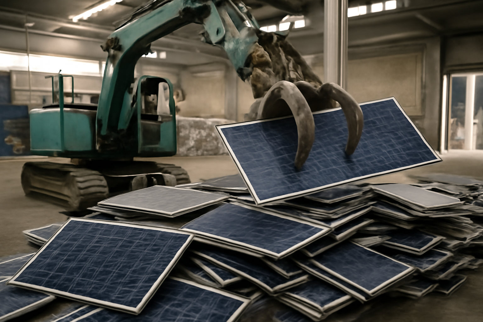 Image éditoriale illustrant le recyclage des panneaux solaires dans une installation industrielle.