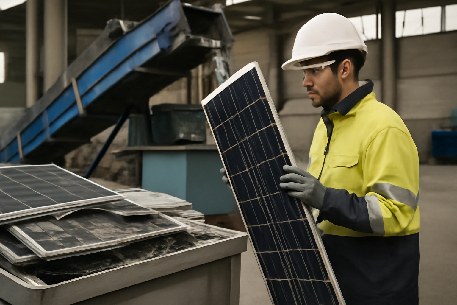 Image représentant le processus de recyclage des panneaux solaires dans une usine industrielle.