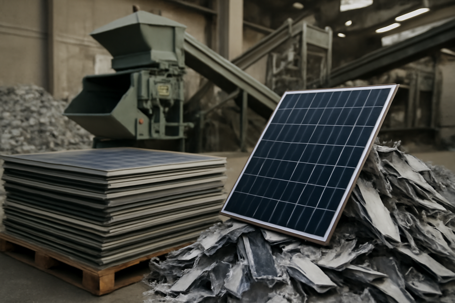 Image éditoriale illustrant le recyclage des panneaux solaires dans une installation industrielle de recyclage.