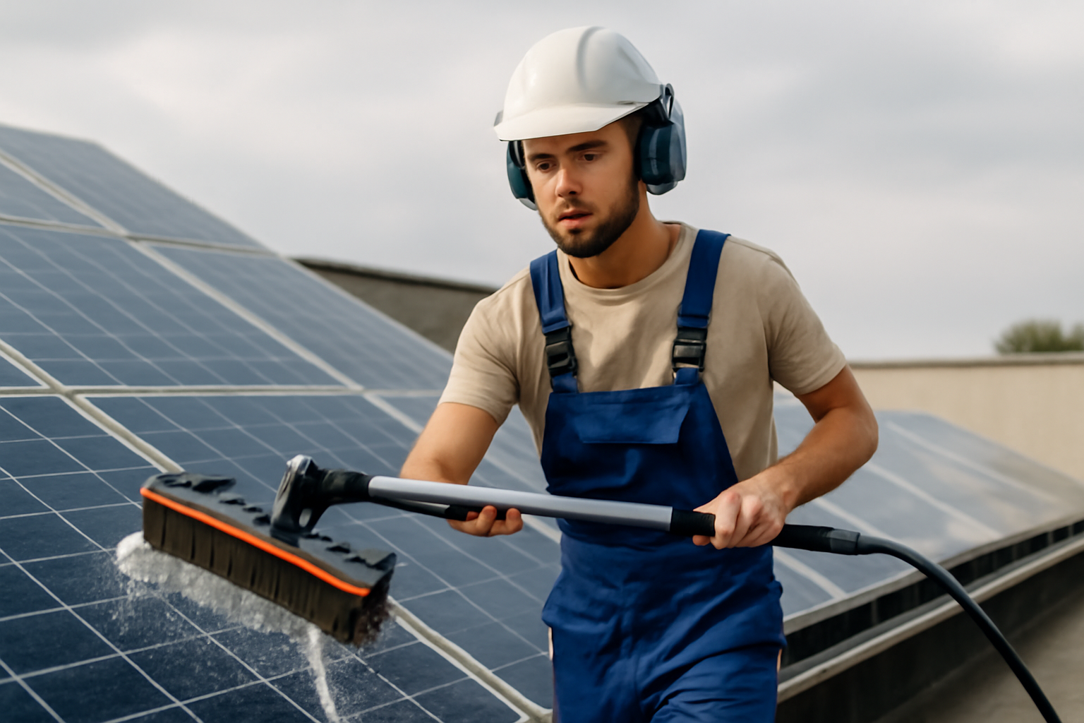 Professionnel nettoyant des panneaux solaires sur un toit par une journée ensoleillée, illustrant l'optimisation du rendement et les bénéfices écologiques.