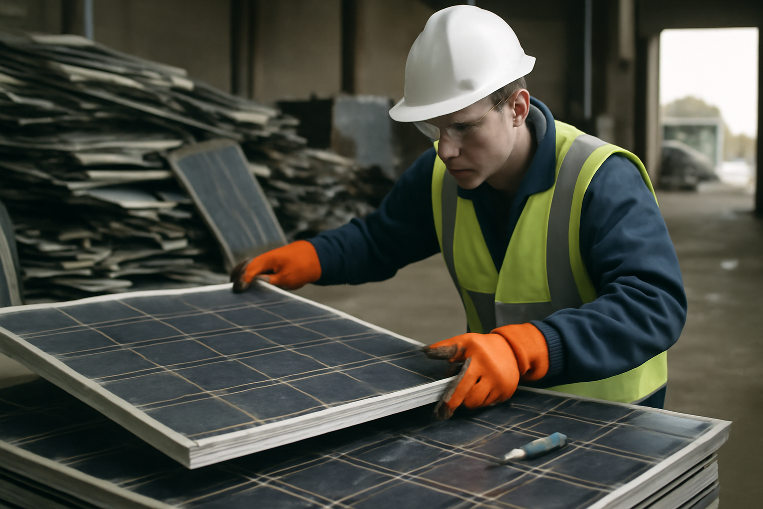 Image éditoriale montrant le processus de démantèlement et de recyclage des panneaux solaires dans une usine spécialisée.