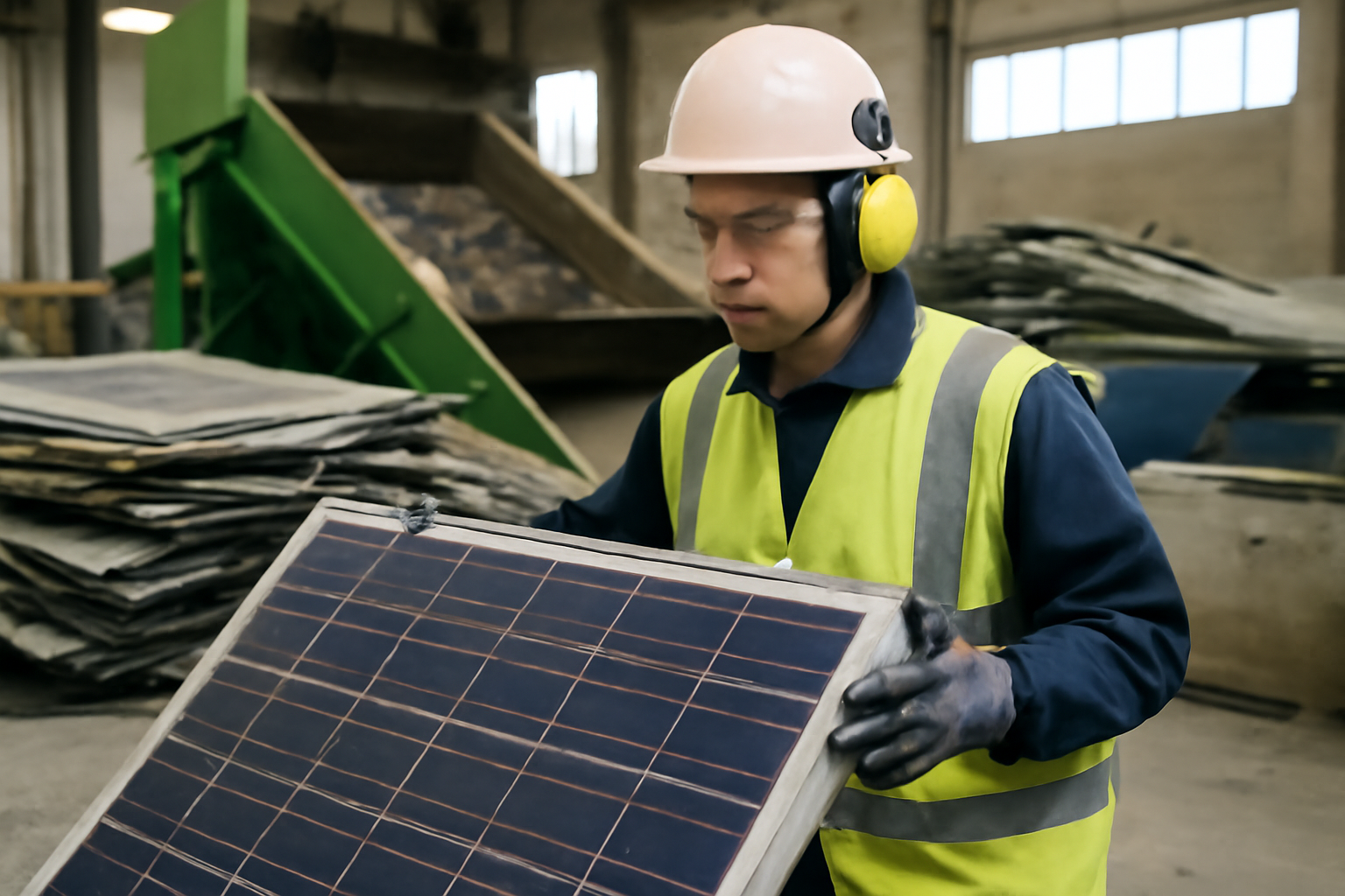 Recyclage des panneaux solaires dans une usine spécialisée, montrant des techniques avancées telles que le délaminage au laser et les procédés hydrométallurgiques.