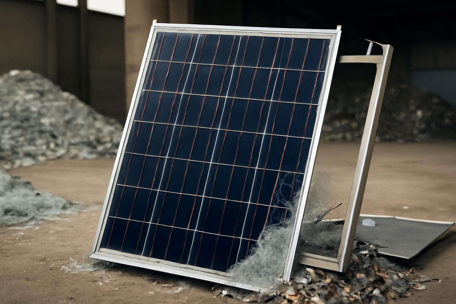 Image éditoriale montrant un panneau solaire en cours de recyclage, mettant en avant les matériaux recyclables et les composants clés.