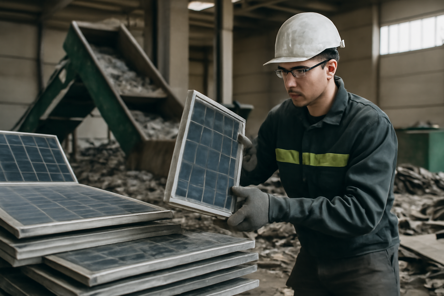 Image éditoriale illustrant le processus de recyclage des panneaux solaires dans une usine spécialisée