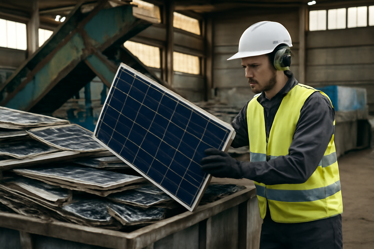 Image éditoriale illustrant le recyclage des panneaux solaires dans une usine spécialisée