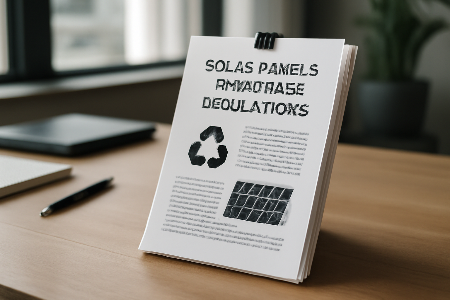 Image éditoriale représentant des documents de réglementation sur le recyclage des panneaux solaires dans un bureau.