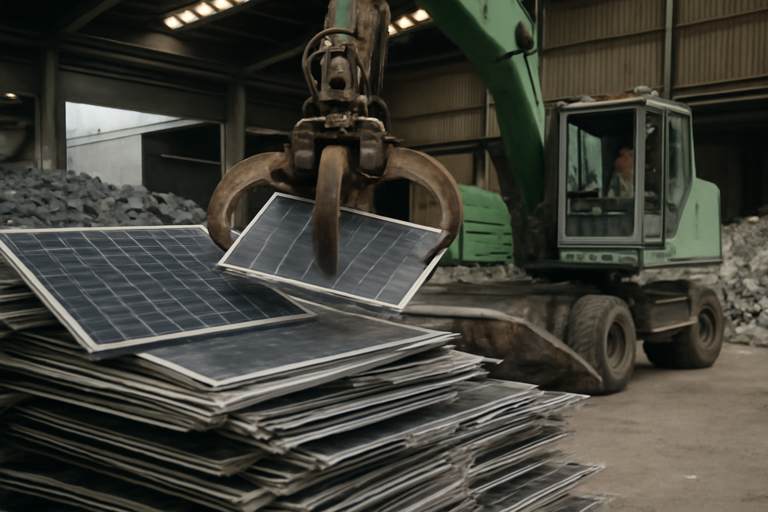Photo éditoriale d'un centre de recyclage de panneaux solaires montrant le processus de récupération et valorisation des matériaux.