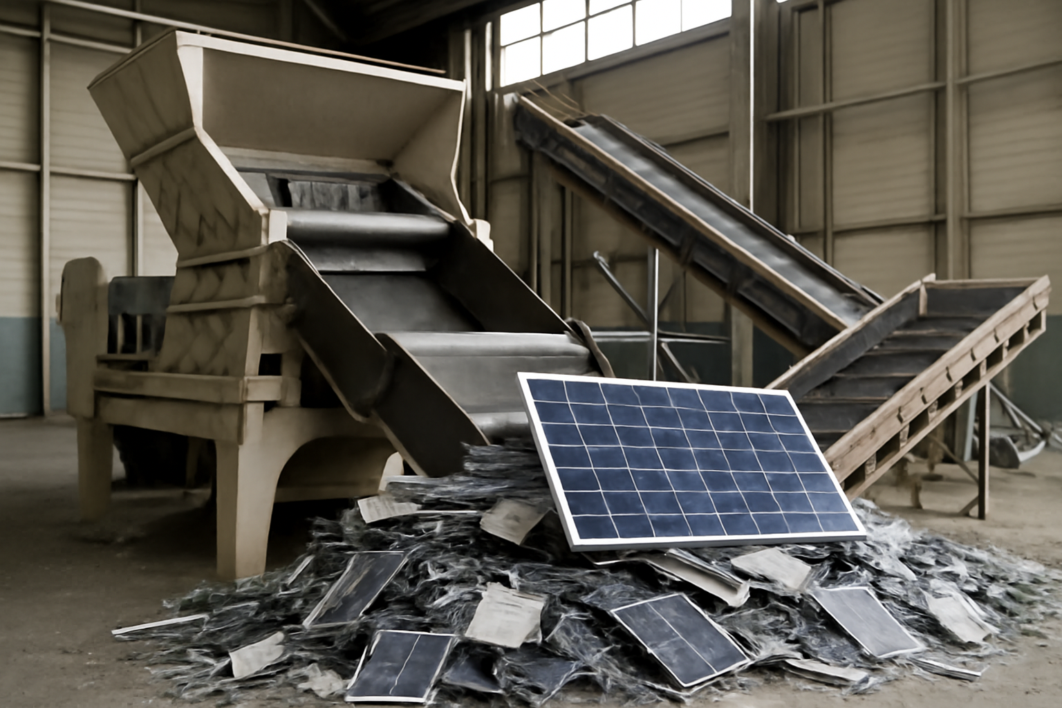 Image éditoriale représentant des équipements industriels de recyclage de panneaux solaires dans une installation de recyclage.