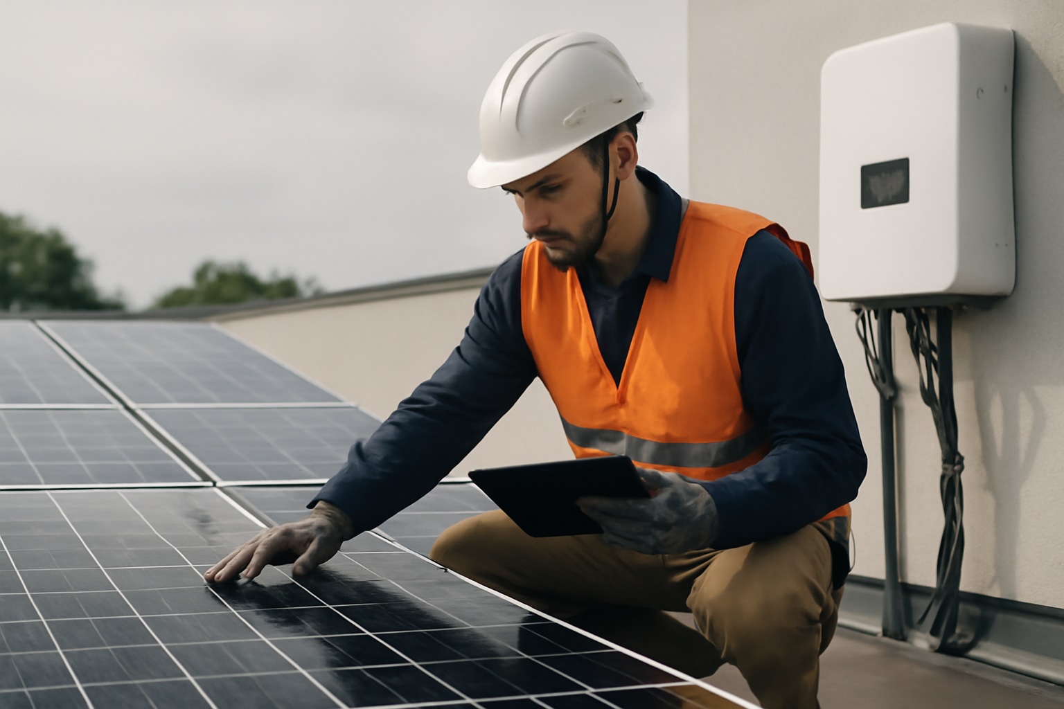 Technicien solaire inspectant des panneaux photovoltaïques et un onduleur sur un toit en journée
