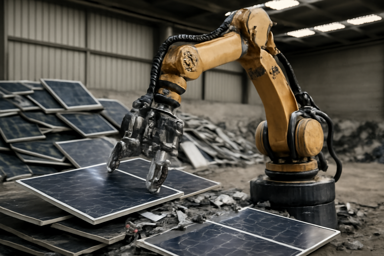 Robotics in solar panel recycling facility dismantling solar panels in a bright and neutral environment