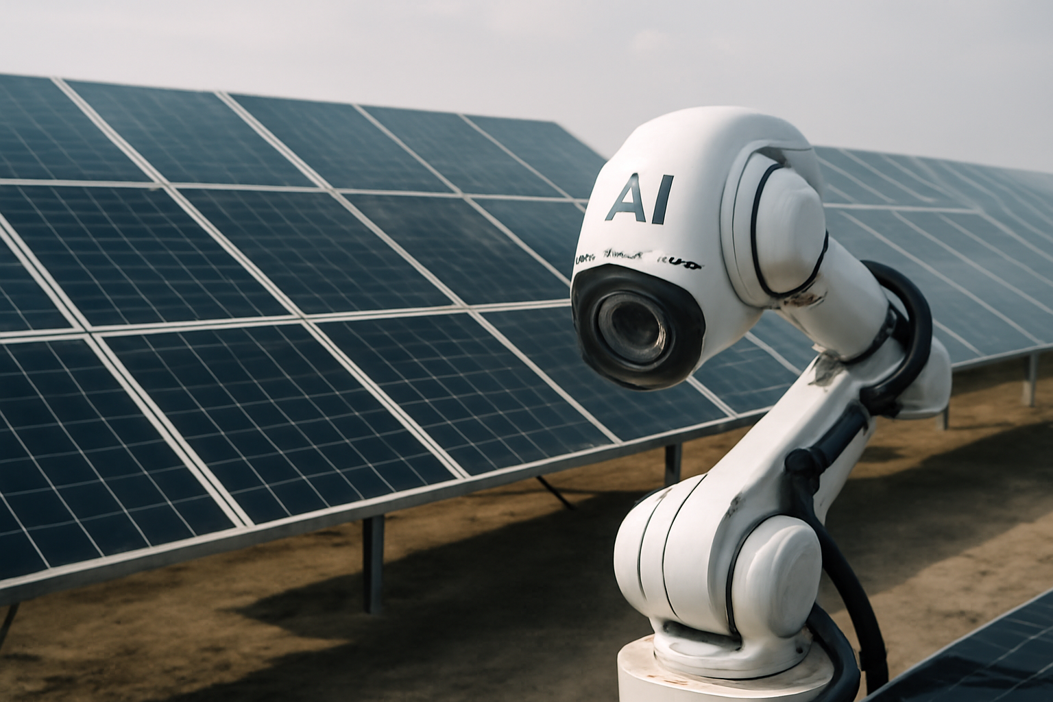 Image éditoriale de panneaux solaires intégrant la technologie IA dans une ferme solaire, illustrant l'amélioration de la performance énergétique.