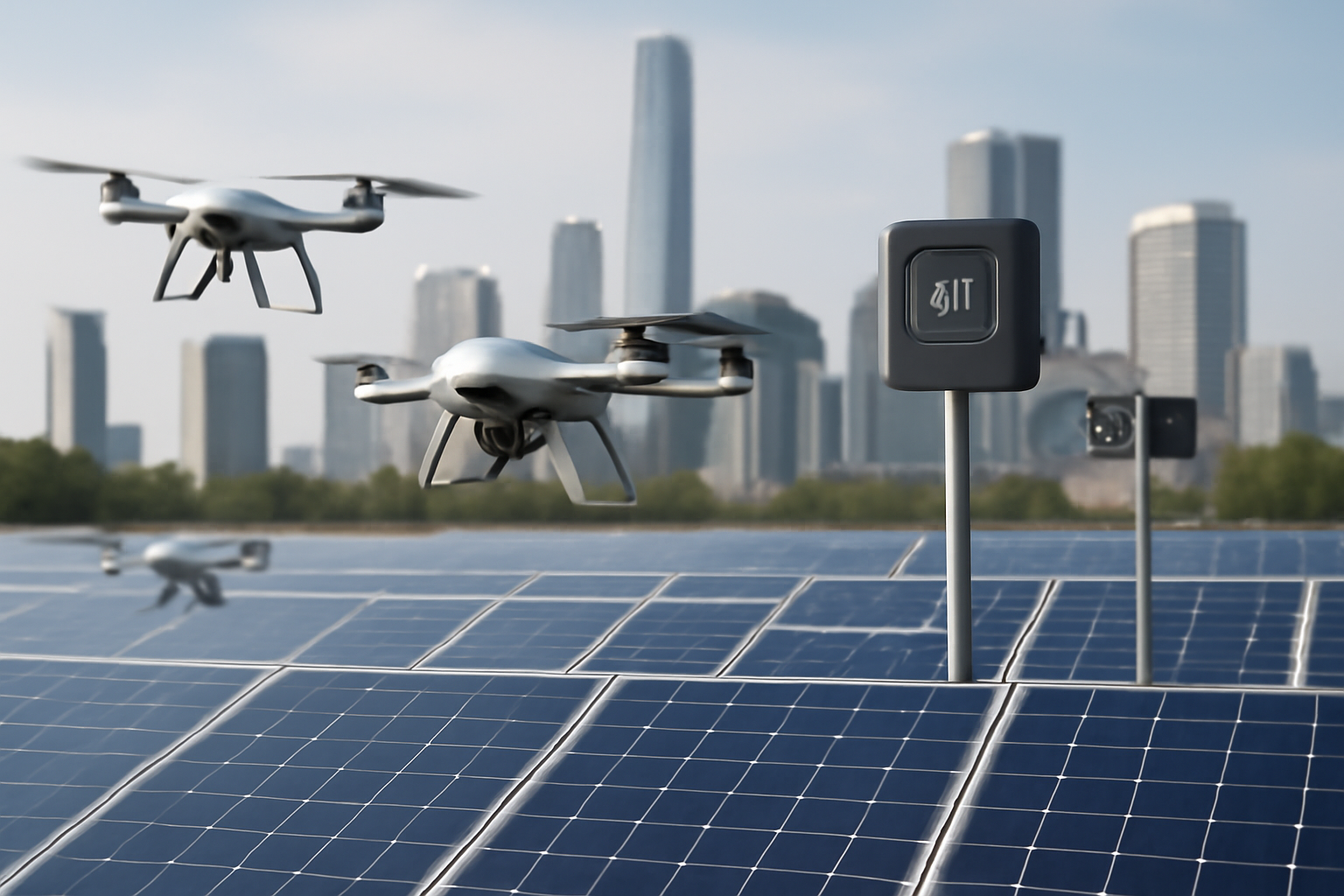 Image éditoriale montrant un parc de panneaux solaires intégrant des drones autonomes et des éléments d'intelligence artificielle dans un contexte de ville intelligente.