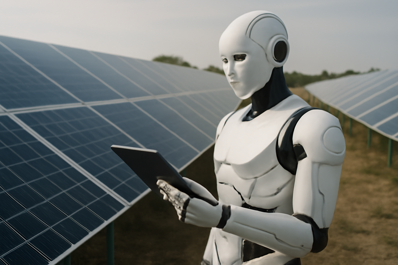 Image éditoriale montrant les technologies d'intelligence artificielle dans un champ de panneaux solaires.