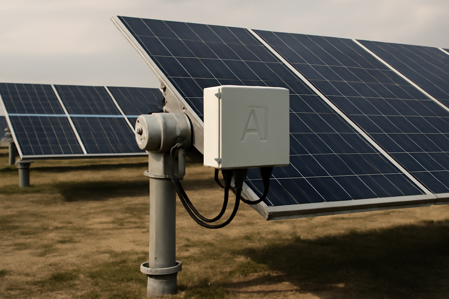 Image éditoriale représentant une ferme solaire équipée de panneaux solaires optimisés par un système d'IA pour le suivi et l'orientation.