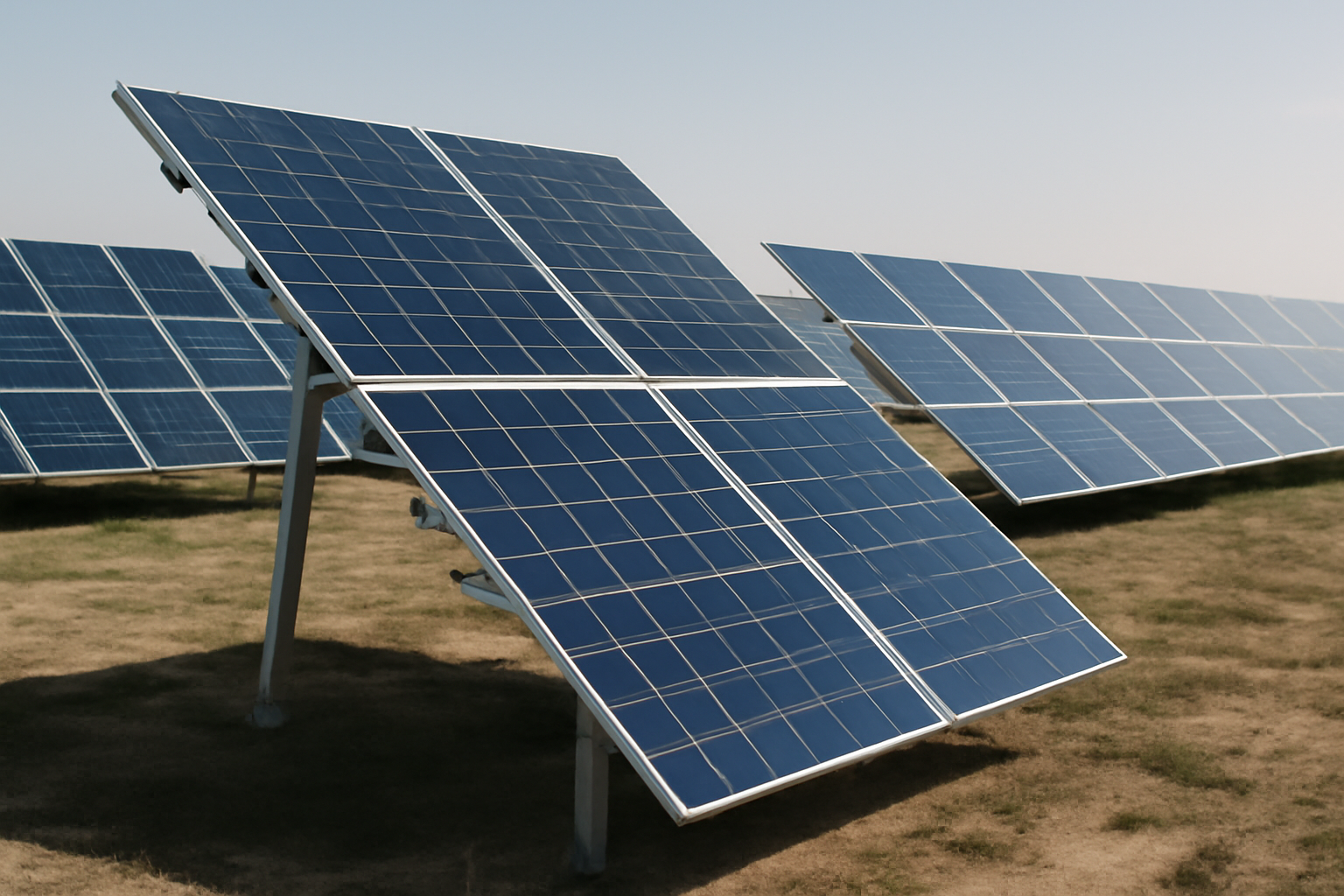 Installation photovoltaïque dans un parc solaire sous un ciel clair, illustrant l'optimisation de la performance solaire grâce à l'analyse prédictive.
