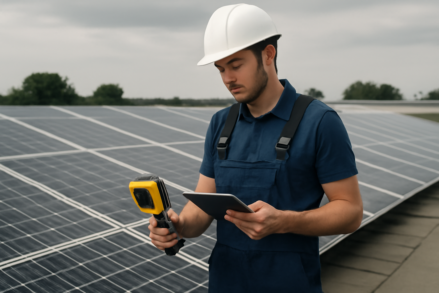 Inspection de panneaux solaires par un technicien en toiture