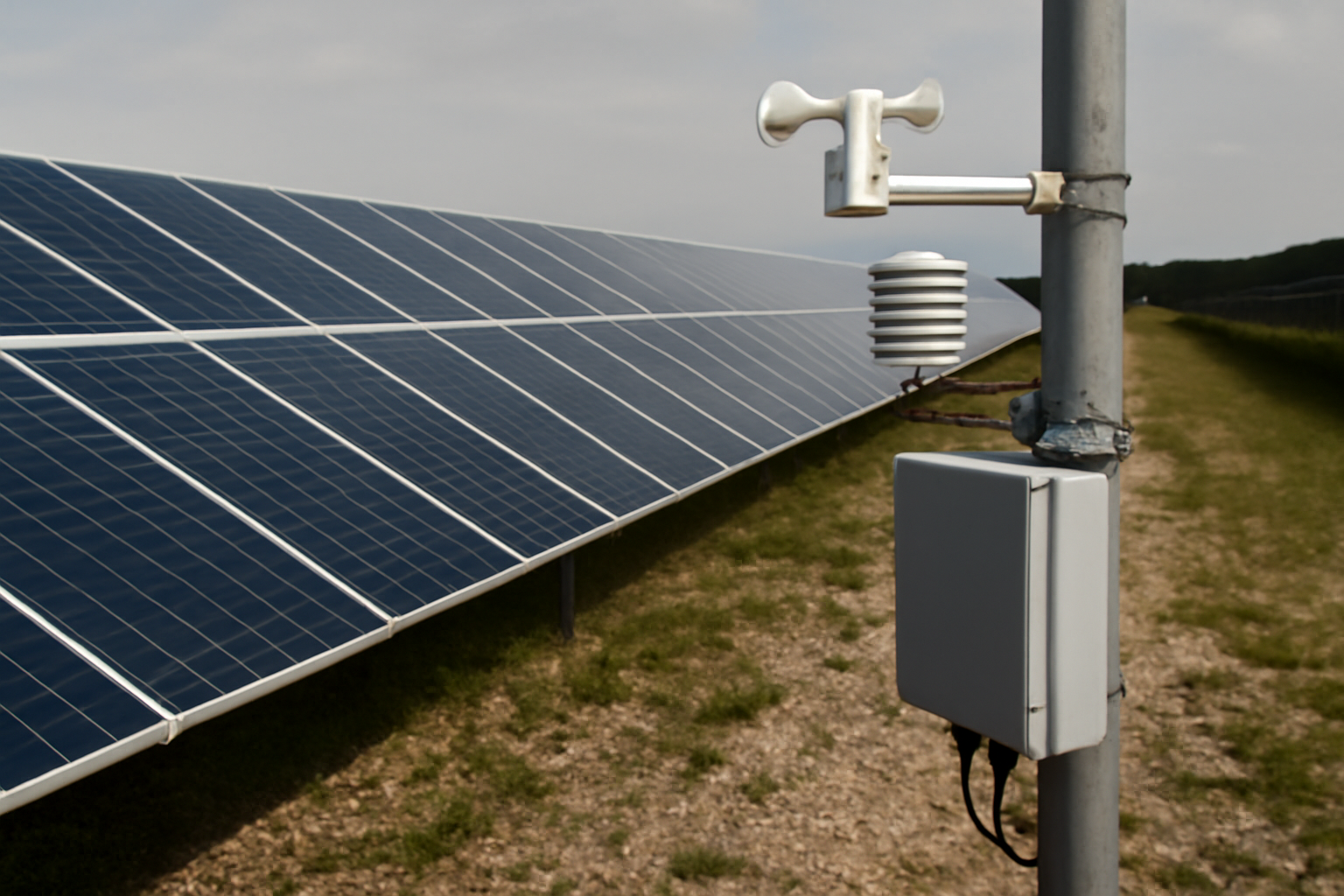 Image éditoriale d'une centrale solaire photovoltaïque équipée de capteurs et systèmes de monitoring pour l'analyse prédictive, en lumière du jour, atmosphère neutre.