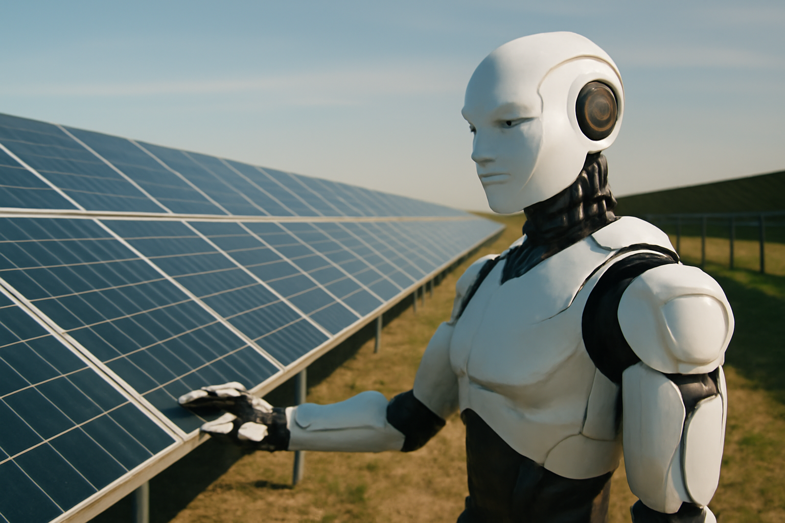 Image éditoriale illustrant l'intelligence artificielle supervisant la gestion des panneaux solaires dans un parc solaire.