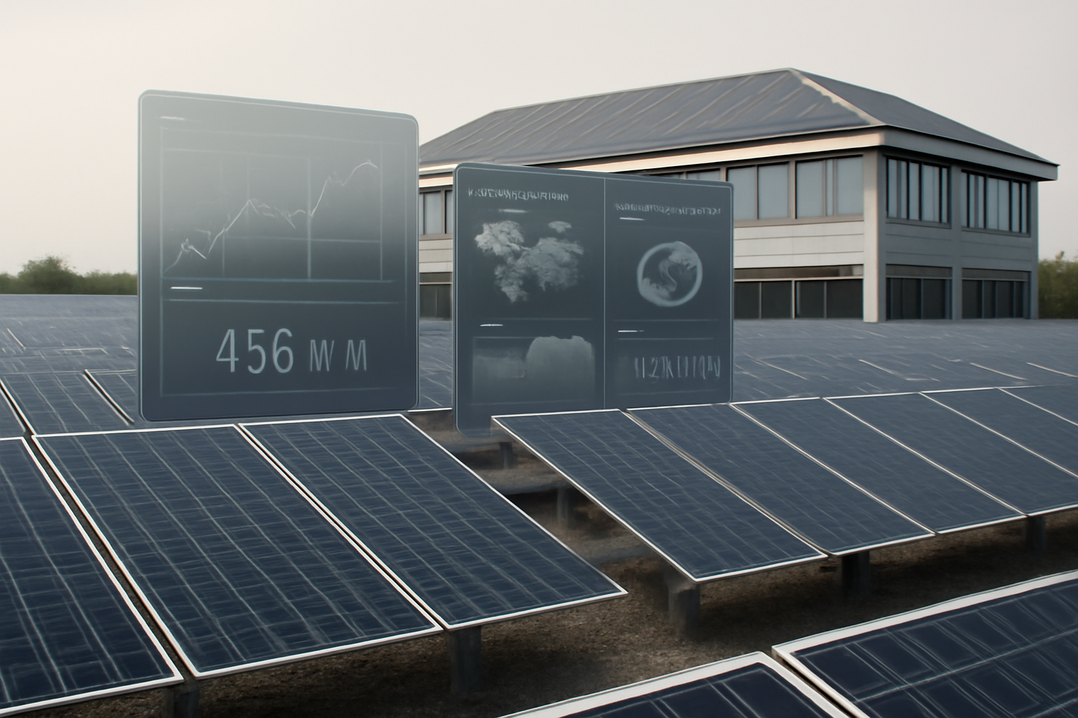 Image illustrant une centrale solaire à grande échelle intégrant l'IA et un bâtiment commercial intelligent avec panneaux solaires.