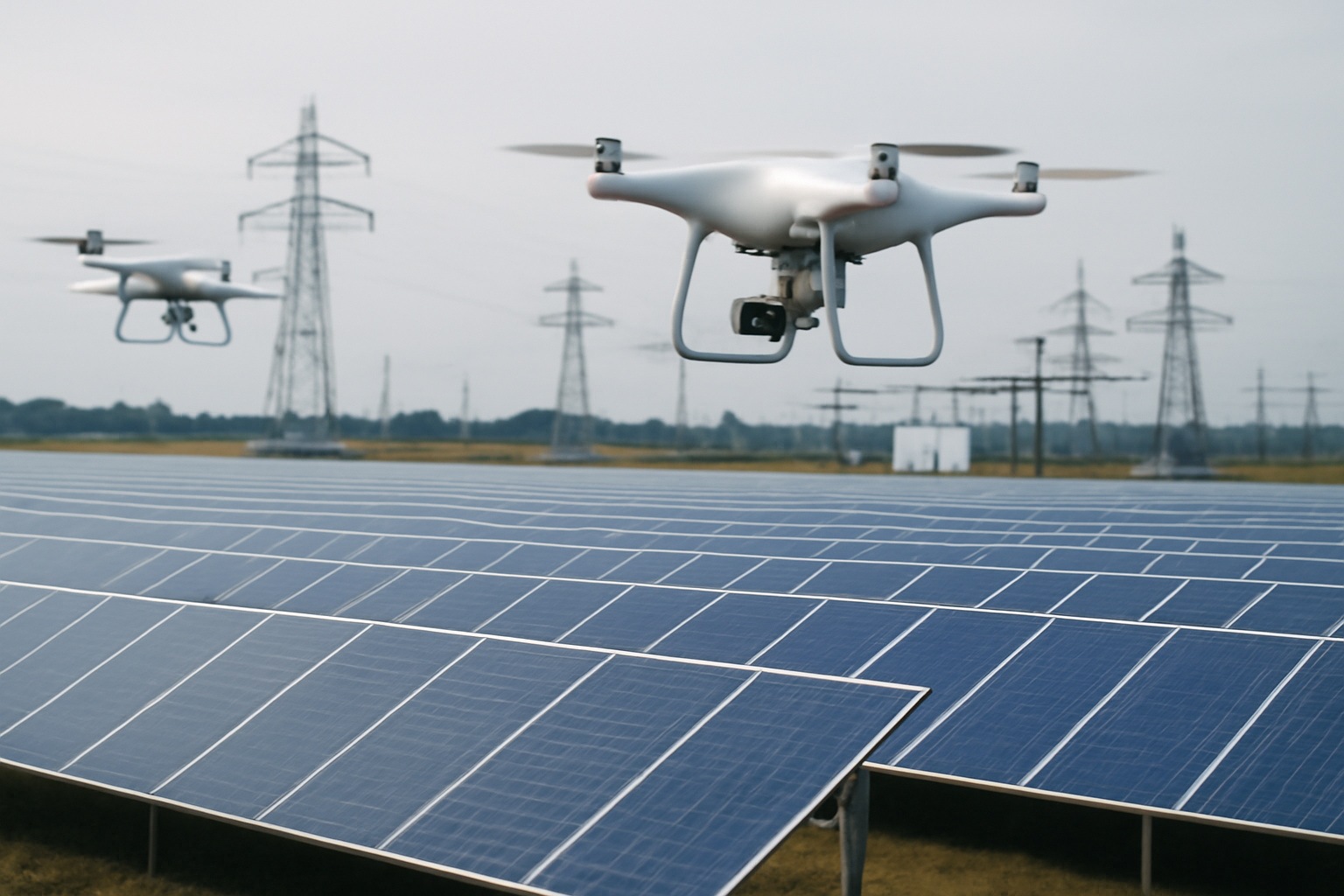 Drones inspecting solar panels equipped with thermal cameras and AI in a smart energy grid setting