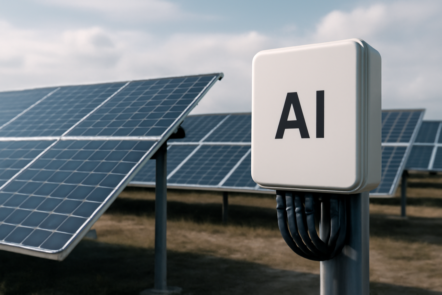 Image éditoriale de panneaux solaires intelligents gérés par l'IA dans un parc solaire moderne