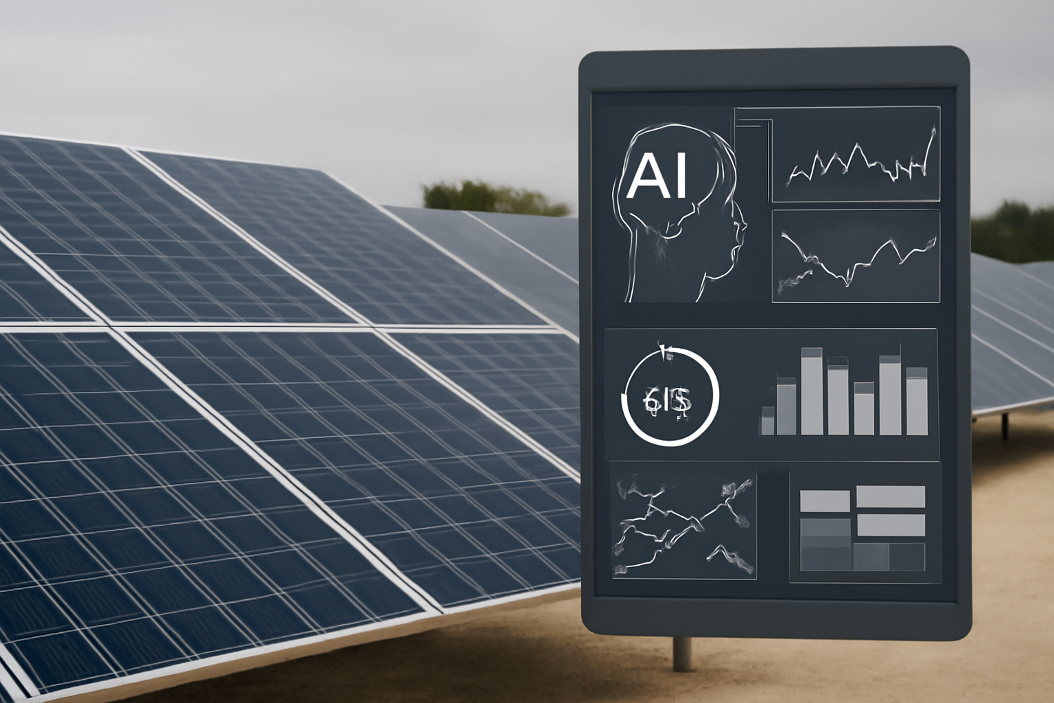 Image éditoriale représentant des panneaux solaires surveillés par une interface d'intelligence artificielle dans une installation moderne.